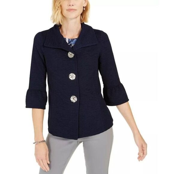JM Collection Jackets & Blazers - JM Collection Textured Bell-Sleeve Jacket Intrepid Blue L